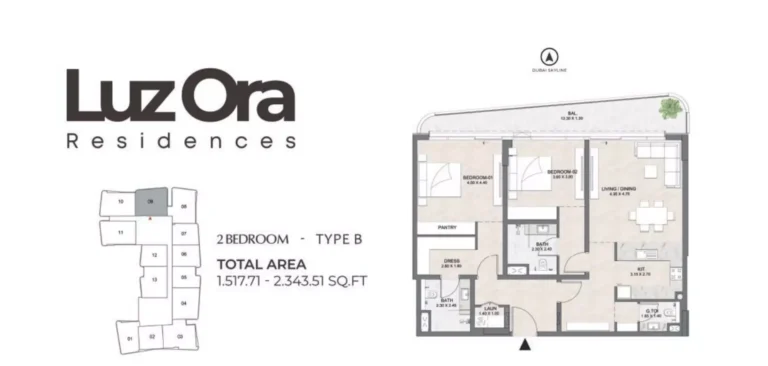 Luzora Residences floor plan 2-спальн. · 1517 sqft