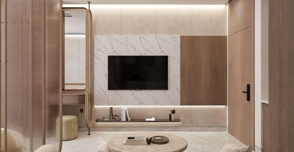 Interior render of living room with TV and decorative wall panels