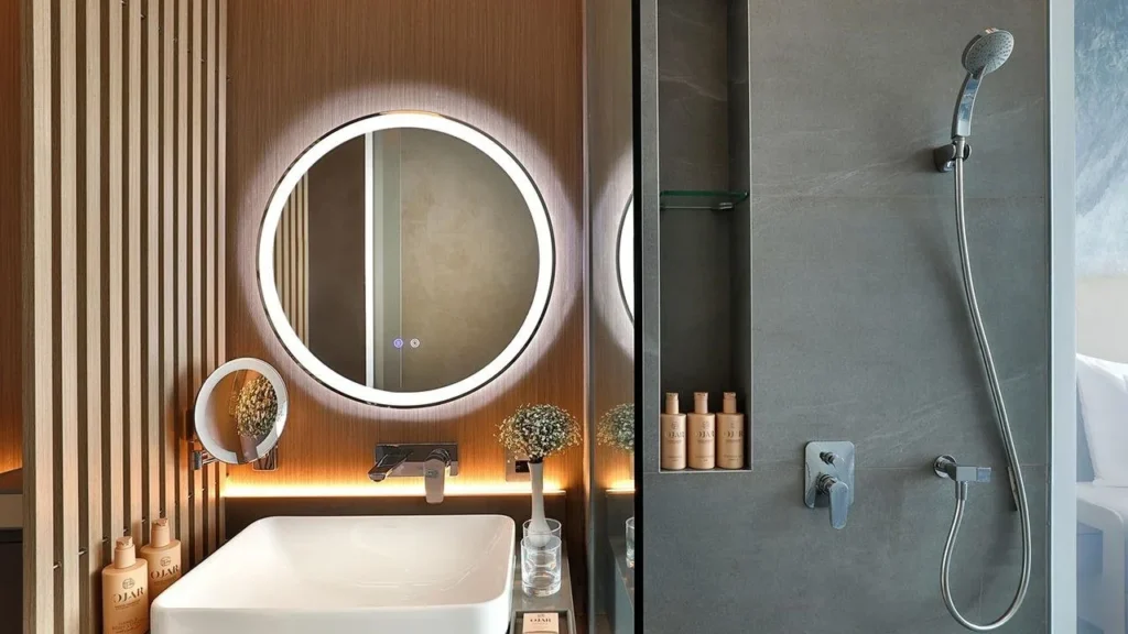 Bathroom sink and shower area in studio unit at Ciel Vignette Collection Dubai Marina Dubai