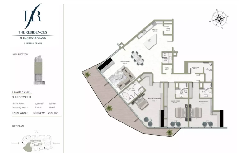 Habtoor Grand Residences floor plan 3-спальн. · 3223 sqft