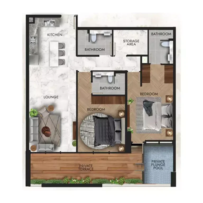 Lucky Royale Residence floor plan 2-спальн. · 1286 sqft