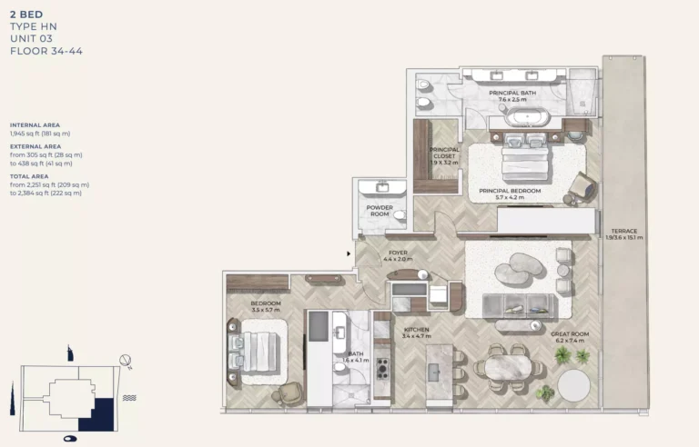 Mr. C Residences Downtown floor plan 2-спальн. · 2384 sqft