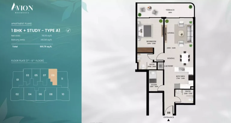 Avion Residence floor plan 1 BR · 901 sqft