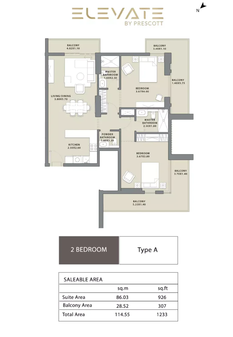 Elevate by Prescott floor plan 2-спальн. · 1233 sqft