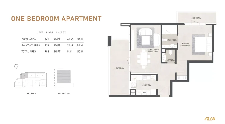 Aras Heights floor plan 1 BR · 988 sqft
