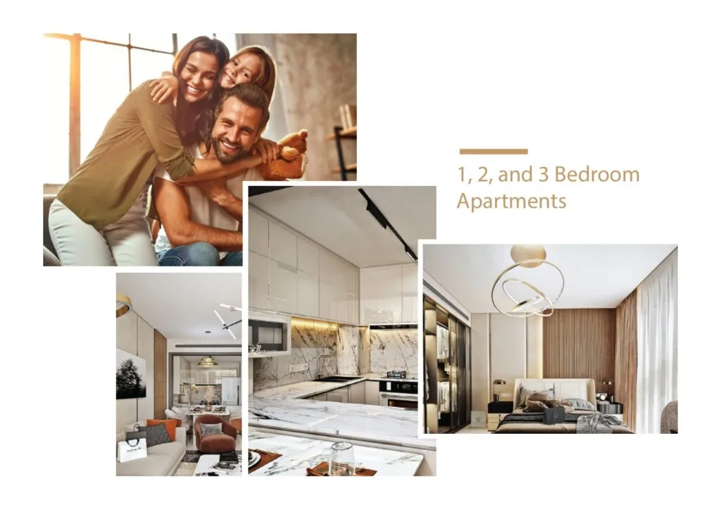 Interior views of kitchen, living room, and bedroom in apartment