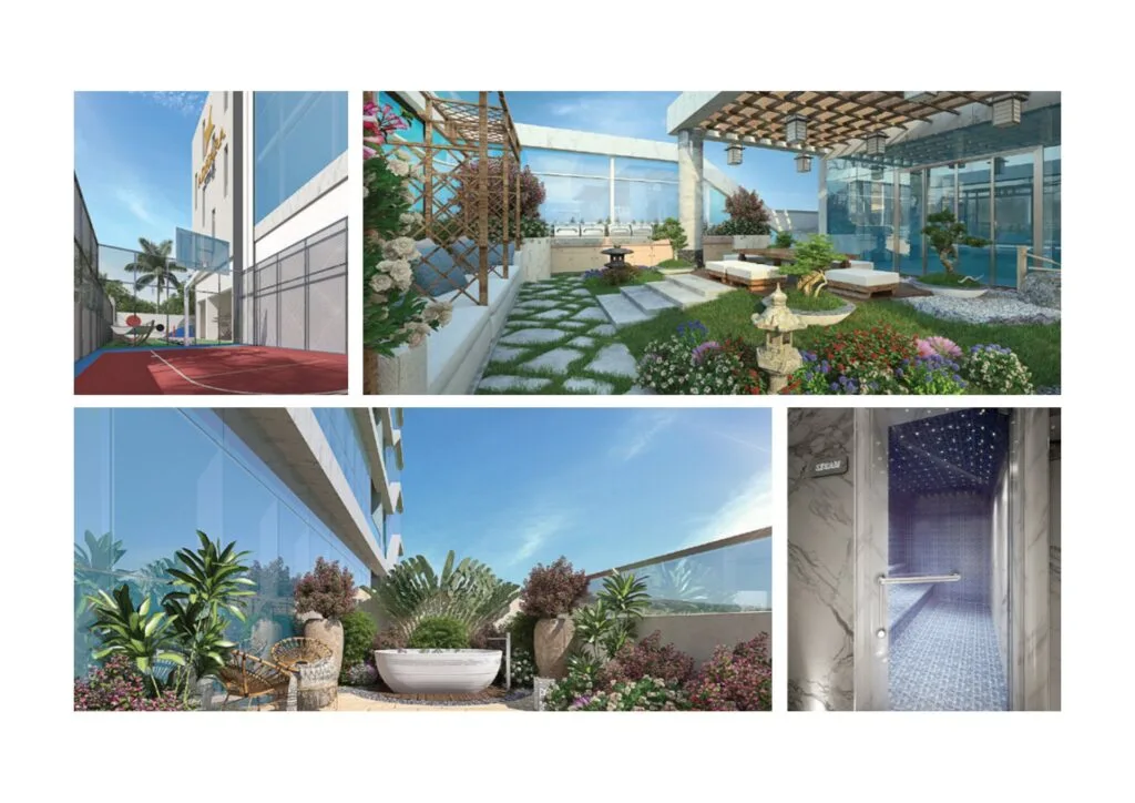 Outdoor sports court, garden seating, balcony plants, steam room interior