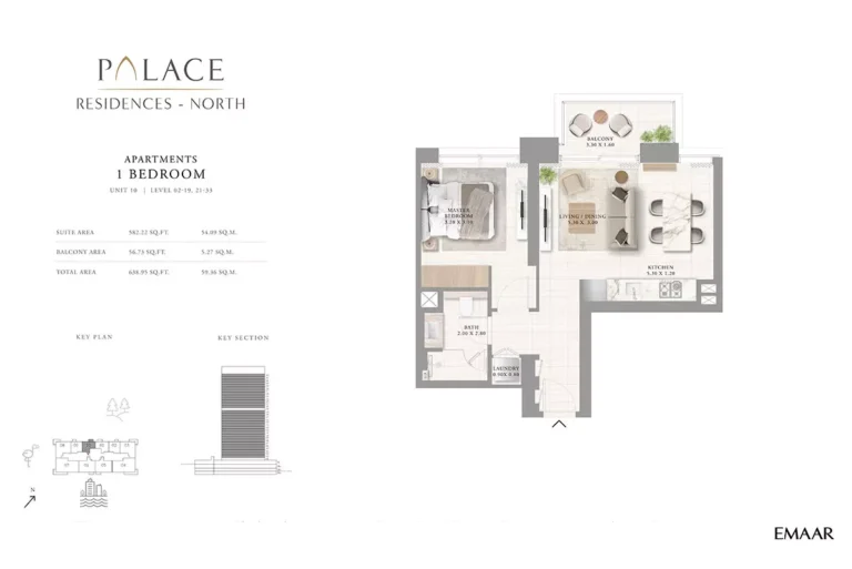 Palace Residences North floor plan 1 BR · 638 sqft
