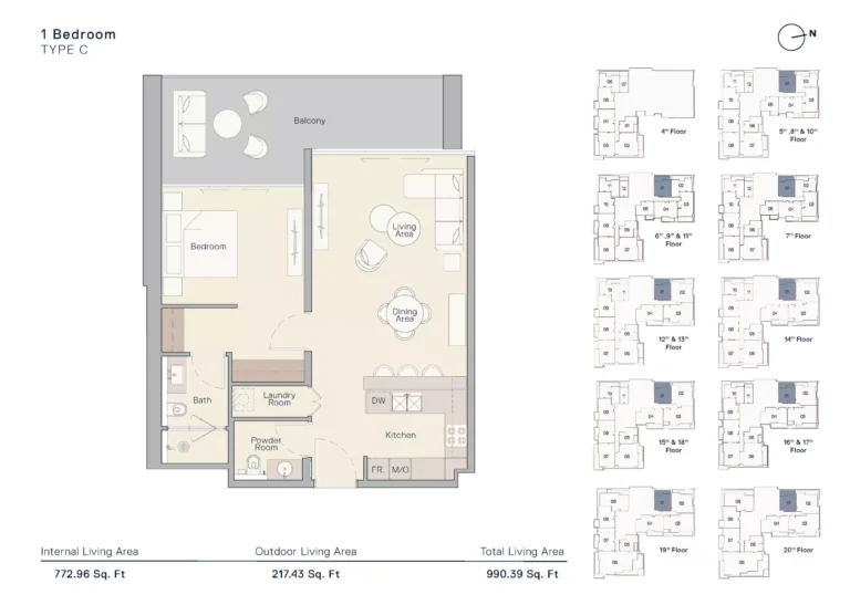 The Crestmark floor plan 1-спальн. · 990 sqft