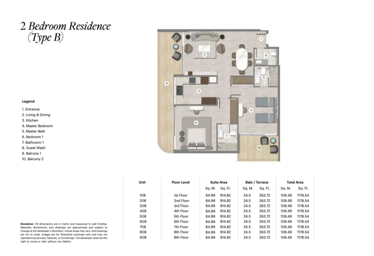 Parkgreen Residences floor plan 2-спальн. · 1178 sqft