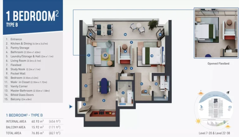 Rove Home Dubai Marina floor plan 1-спальн. · 827 кв. фут