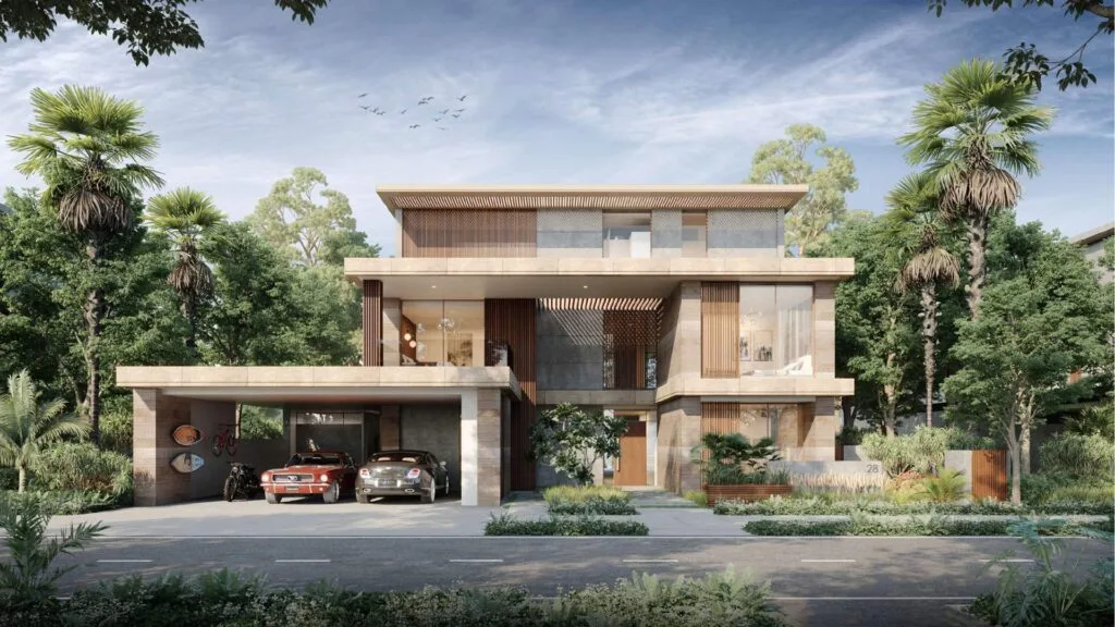 Front view of a modern three-story villa with natural-toned facade