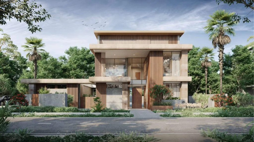 Modern two-story house with large windows and surrounding greenery