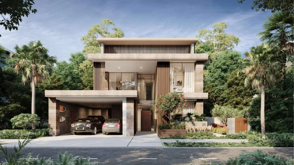 Front view of modern two-story house with cars in garage
