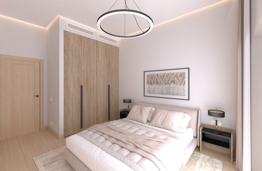 Interior render of a bedroom with bed and wooden wardrobe