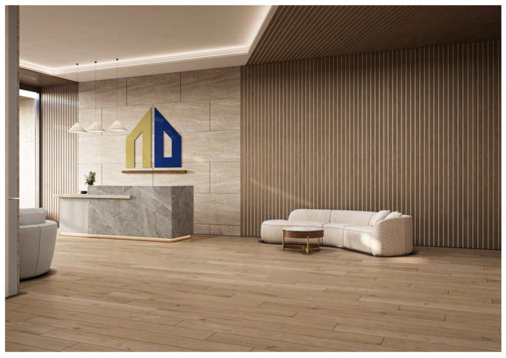 Modern reception area with marble desk and curved sofa