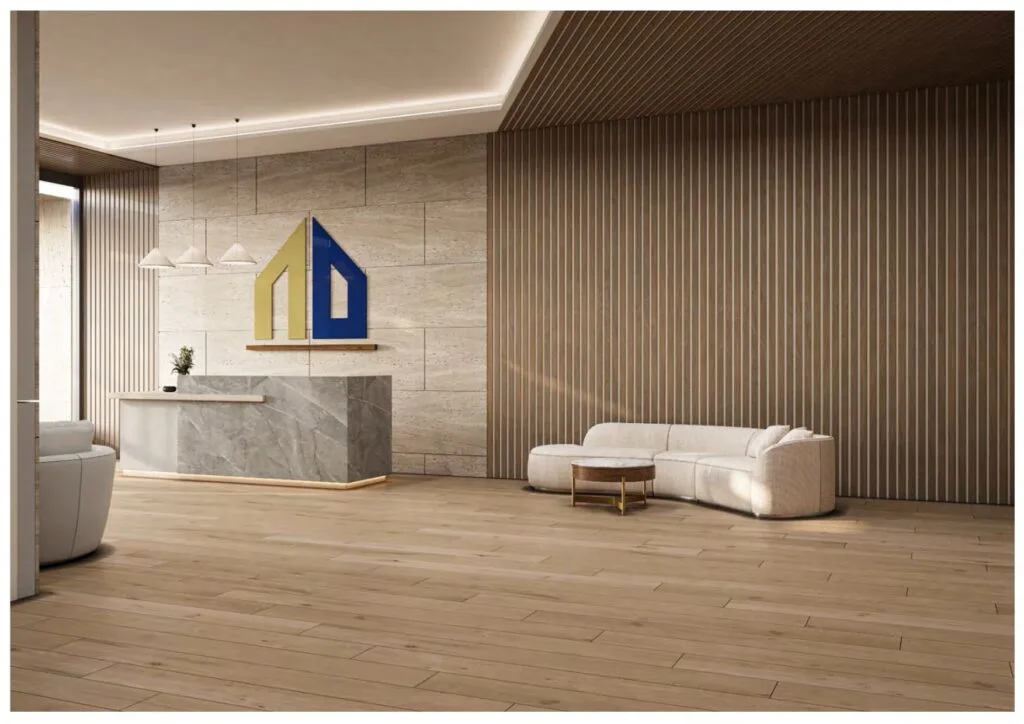 Modern reception area with marble desk and curved sofa