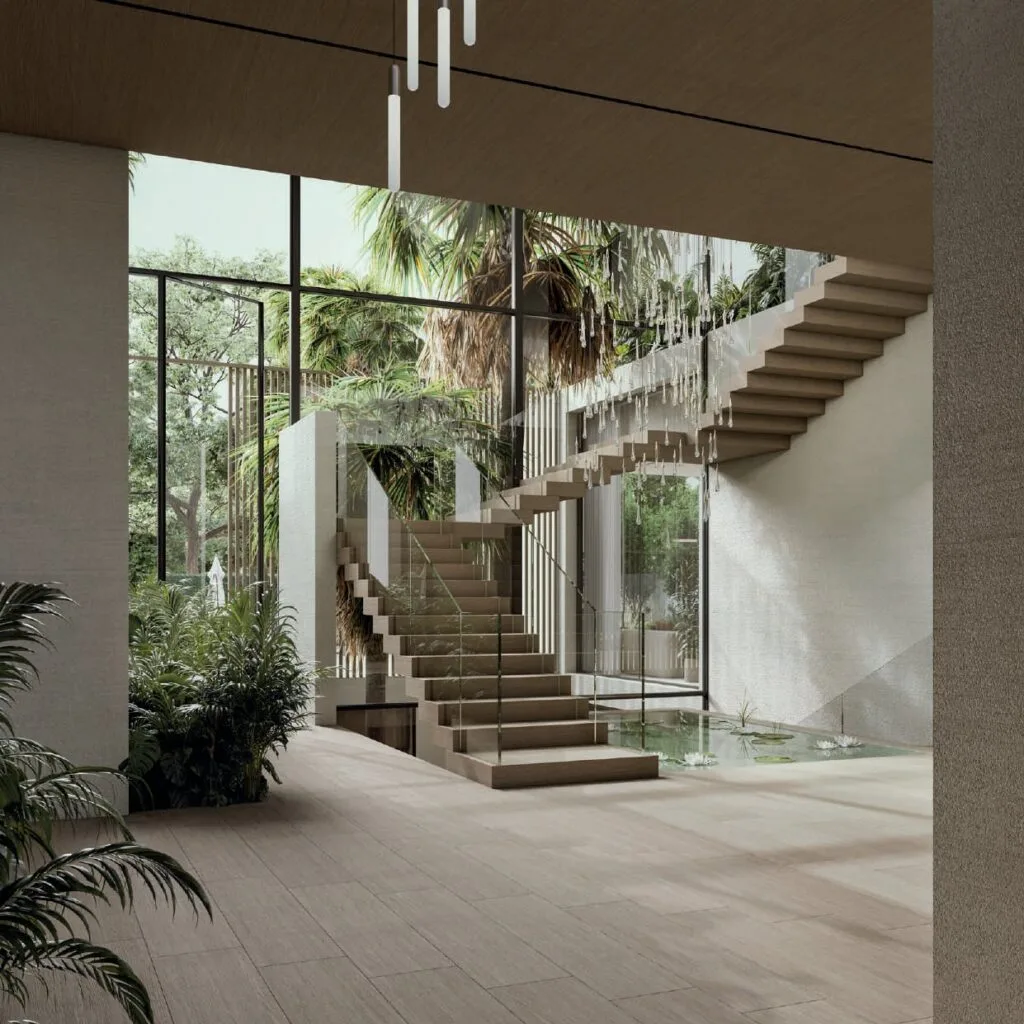 Interior render of modern staircase and indoor water feature with plants