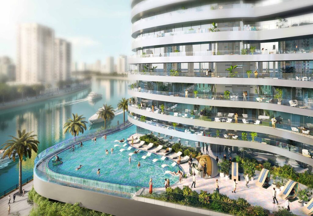 Curved building with outdoor pool and sun loungers
