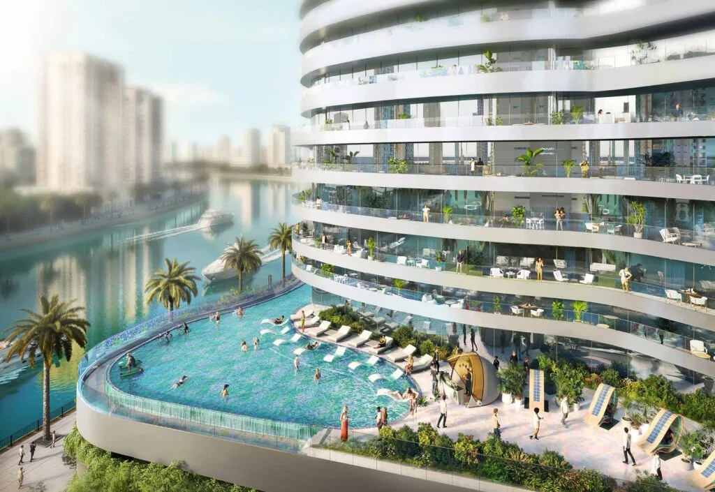 Curved building with outdoor pool and sun loungers