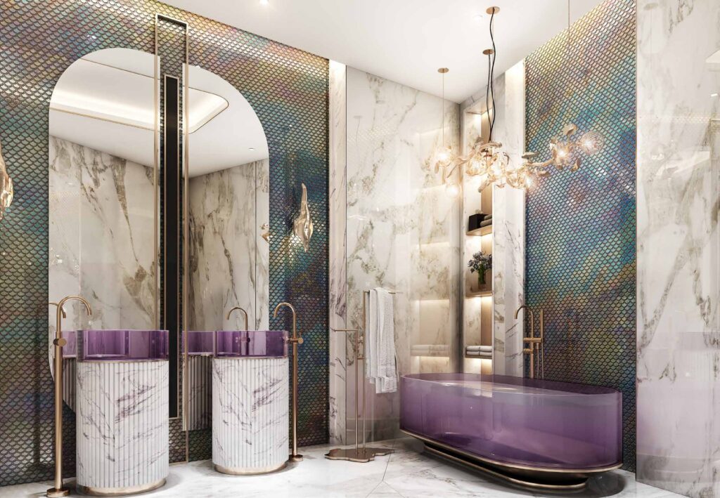 Bathroom interior with purple bathtub and dual sinks