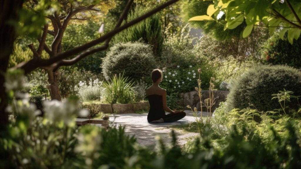 Person sitting in a garden surrounded by plants and bushes