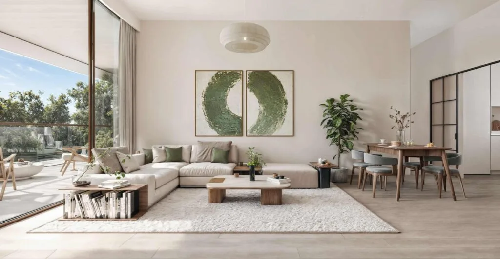 Modern living room with large sofa and dining area