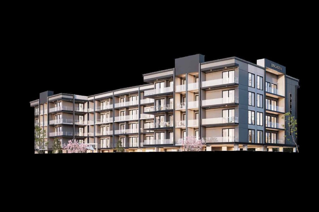 Exterior view of modern multi-story apartment building at dusk