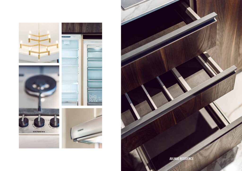 kitchen appliances and wooden drawers with compartments