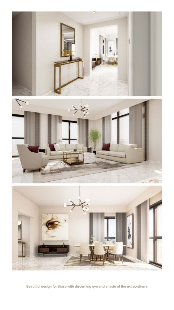 Interior views of a modern living and dining area with large windows