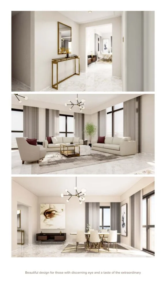 Interior views of a modern living and dining area with large windows