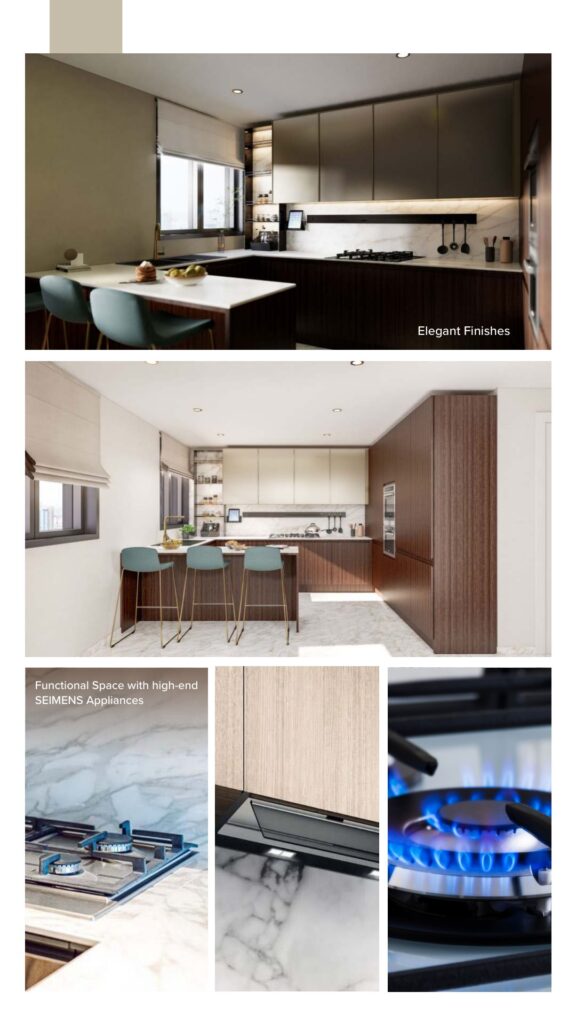 Modern kitchen interior with marble countertops and gas stove