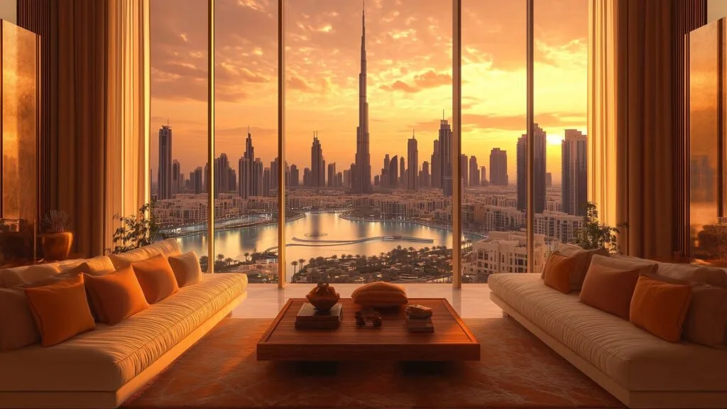 Interior lounge with large windows showing Dubai skyline at sunset
