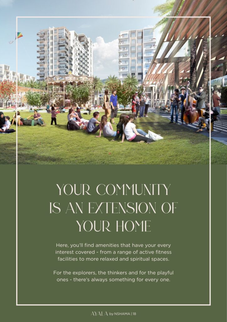 Outdoor community park with people and residential buildings