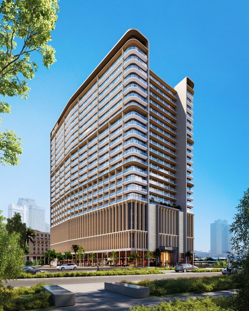 Exterior view of a high-rise building with retail at ground level