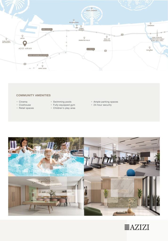Map of Dubai with community amenities and interior gym and pool