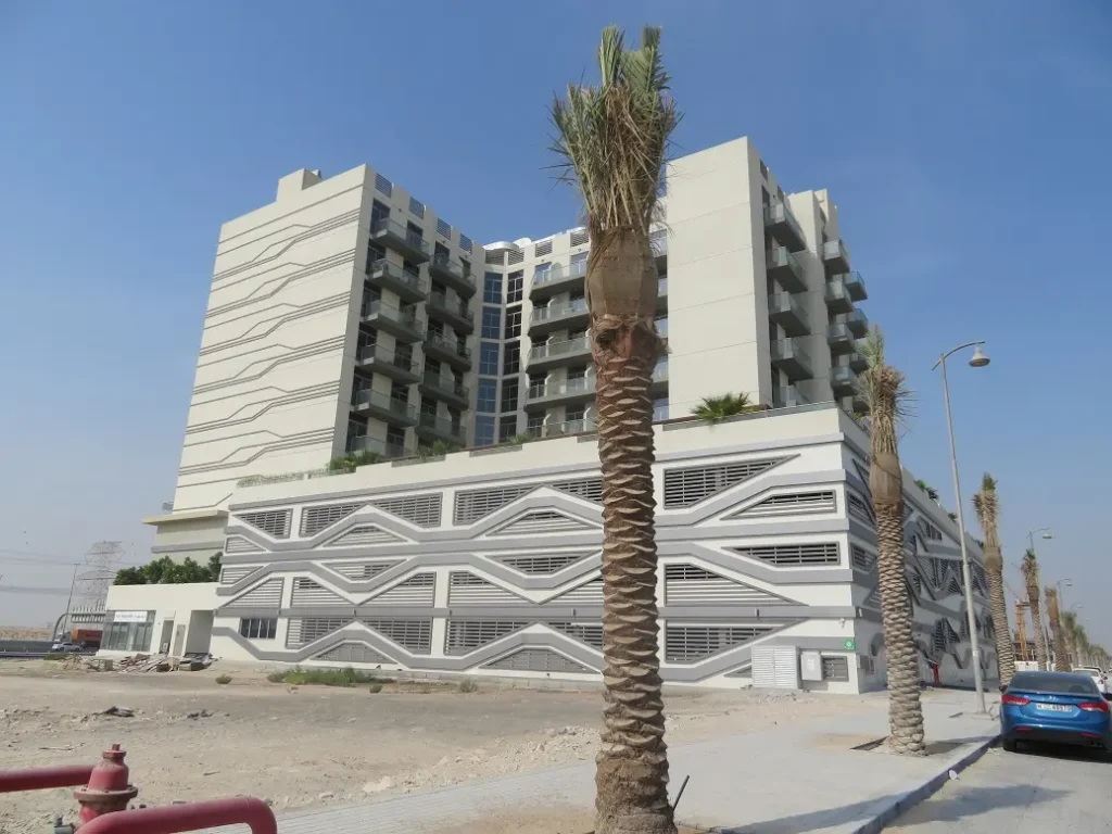 building facade with ornamental podium, Azizi Montrell, Al Furjan, Dubai