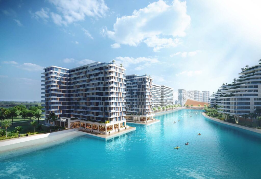 Azizi Venice 6 — Чистый общий вид зданий у лагуны