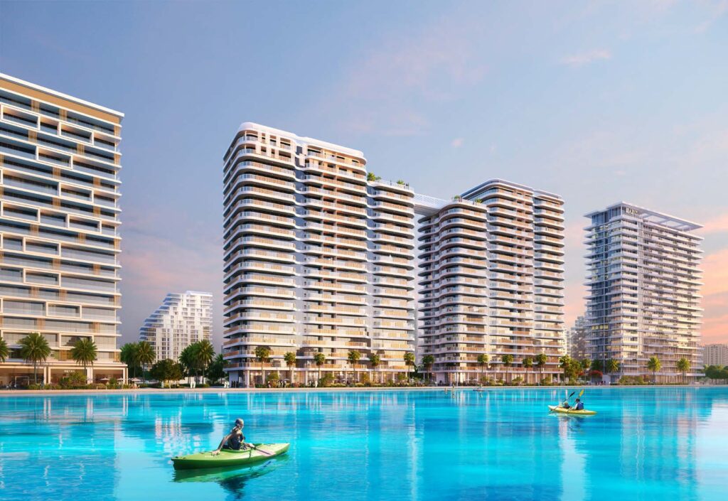Azizi Venice 6 — Фасады комплекса с бассейном