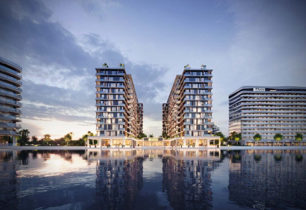 Azizi Venice 6 — Фасады корпусов с отражением в воде