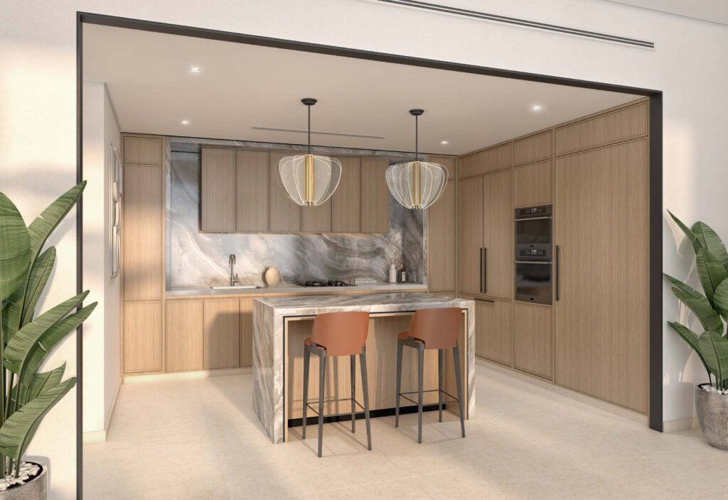 Azizi Venice 5 Building B — Современная кухня с островом