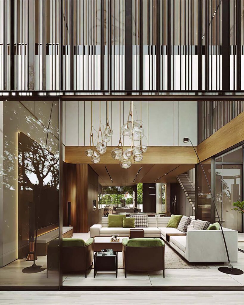 Azizi Venice 5 Building B — Двухсветная гостиная с лестницей и камином