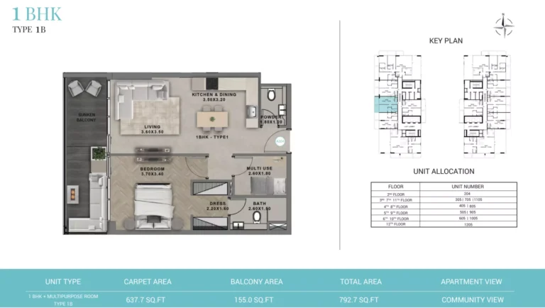 Reef 999 floor plan 1-спальн. · 793 sqft