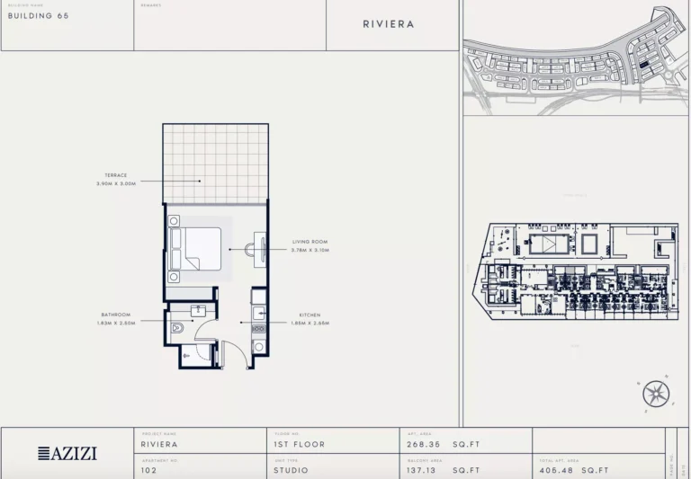 Azizi Riviera 65 floor plan Студия · 405 sqft