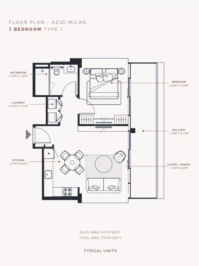 Azizi Milan 51 floor plan 1 BR · 708 sqft