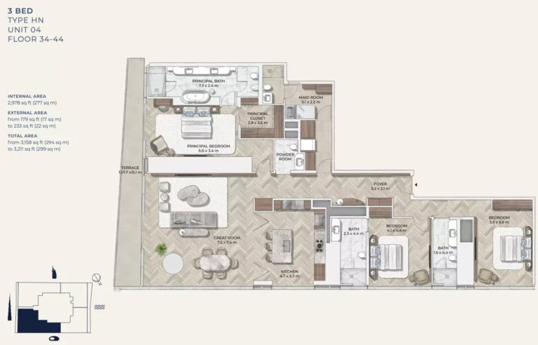 Mr. C Residences Downtown floor plan 3-спальн. · 3211 sqft