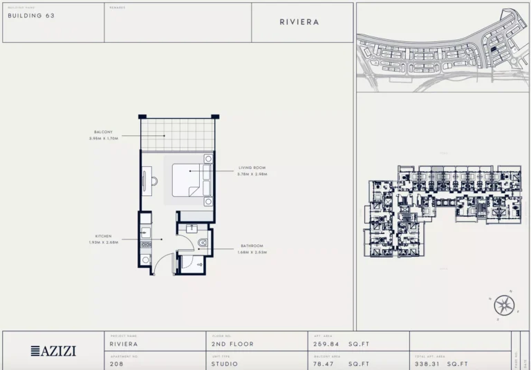 Azizi Riviera 63 floor plan Студия · 338 sqft