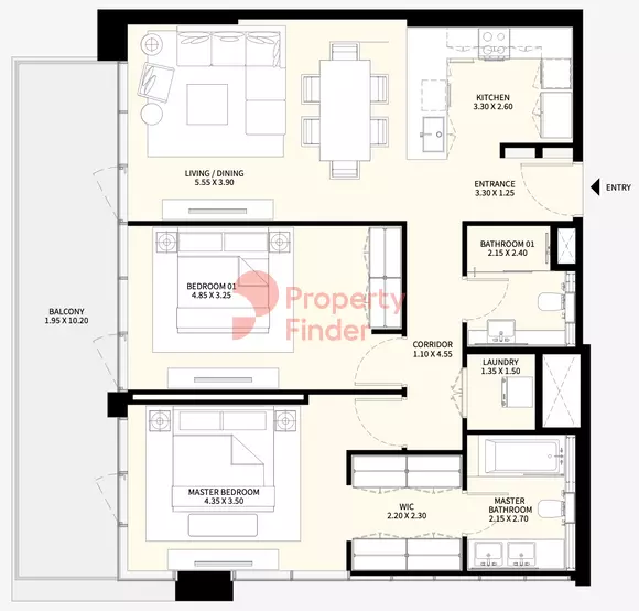 Naya at District One floor plan 2-спальн. · 1301 sqft
