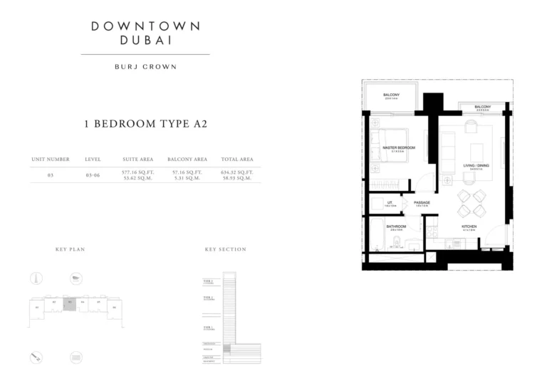 Burj Crown floor plan 1 BR · 634 sqft
