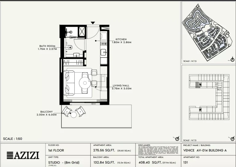 Azizi Venice 14 floor plan Студия · 408 sqft